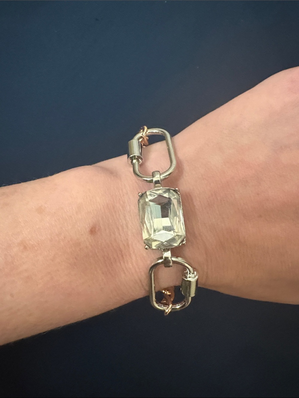 Hand-Crafted Rose-Gold And Silver Carabiner Chain Bracelet with Clear Crystal